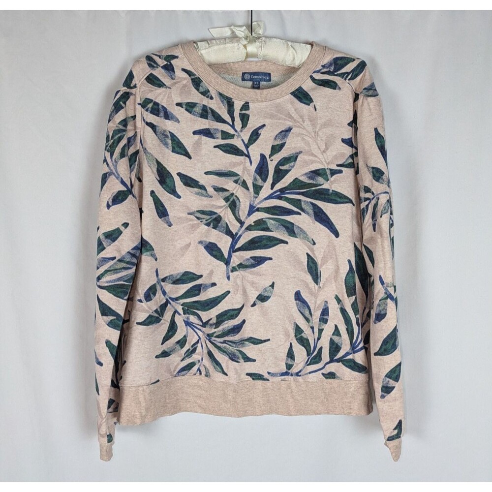 Democracy Palm Leaf Print Crewneck Sweatshirt Pink XL Boho Chic Streetwear